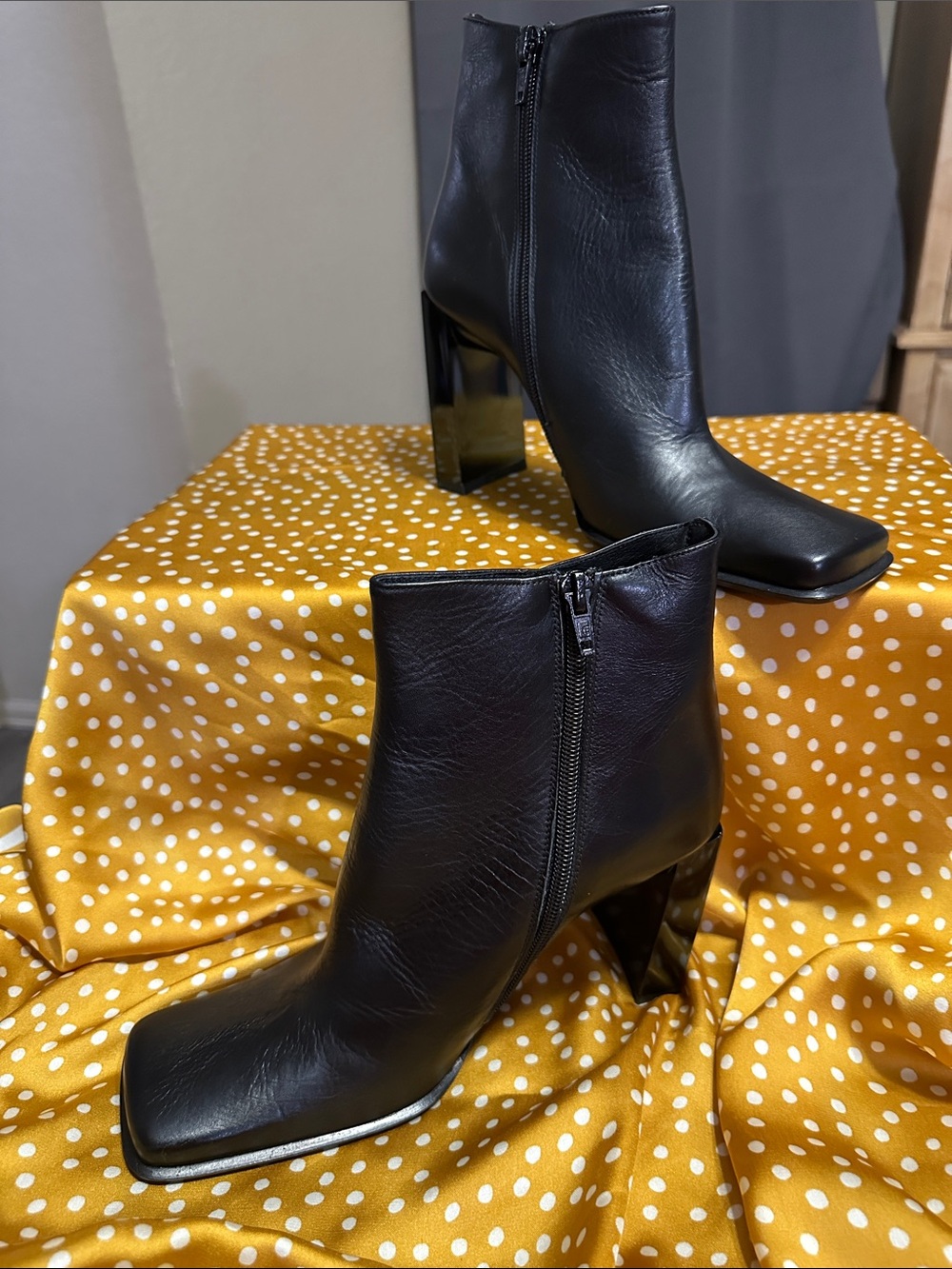 BEBE black ankle boots with 4 inch block heel. Made in Spain. Italian leather.